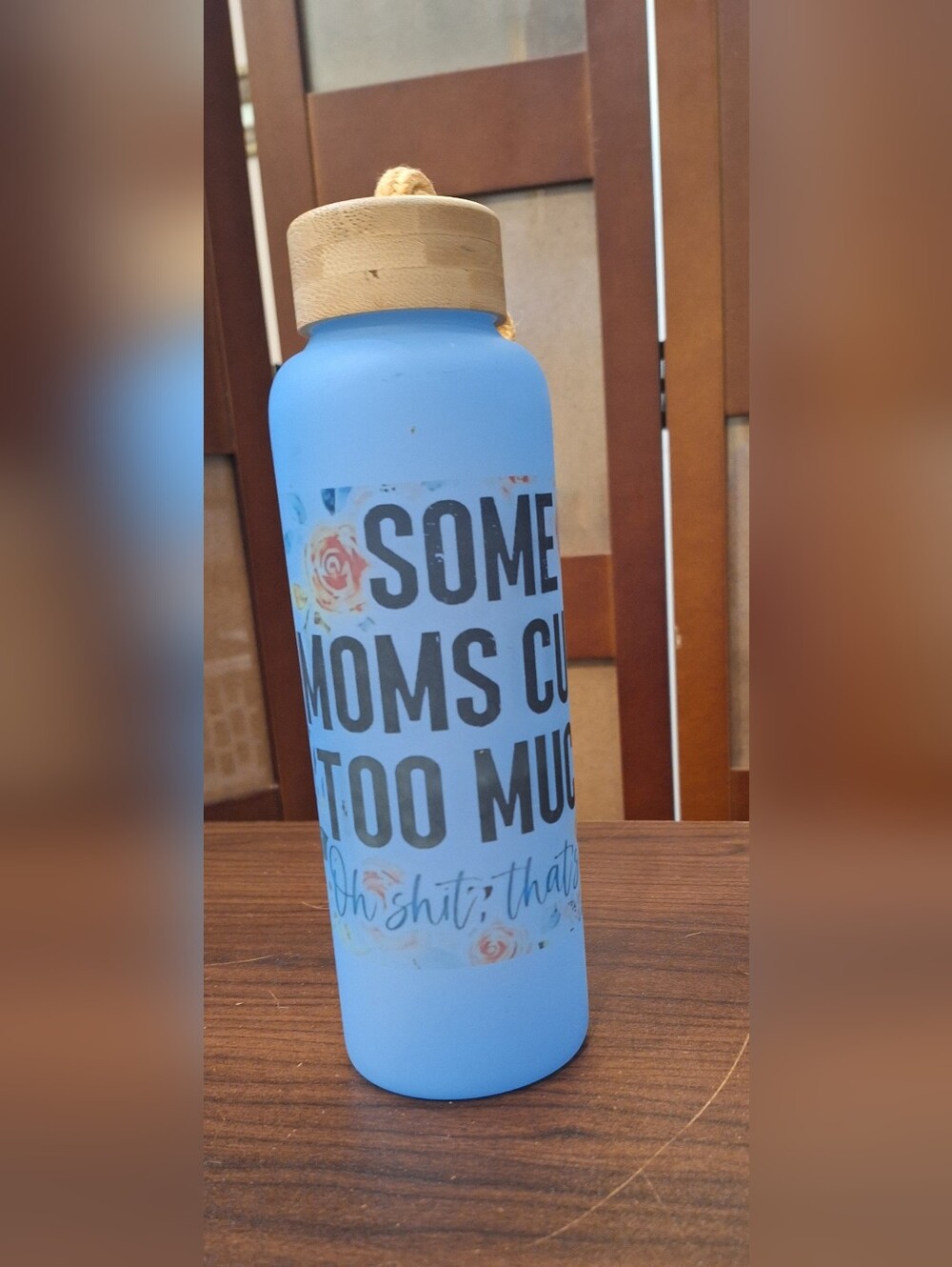 Blue Stainless-Style Water Bottle with Bamboo Lid - Mom Quote